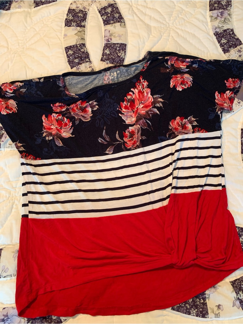Floral Stripe Short Sleeve Top in Navy, White & Red
